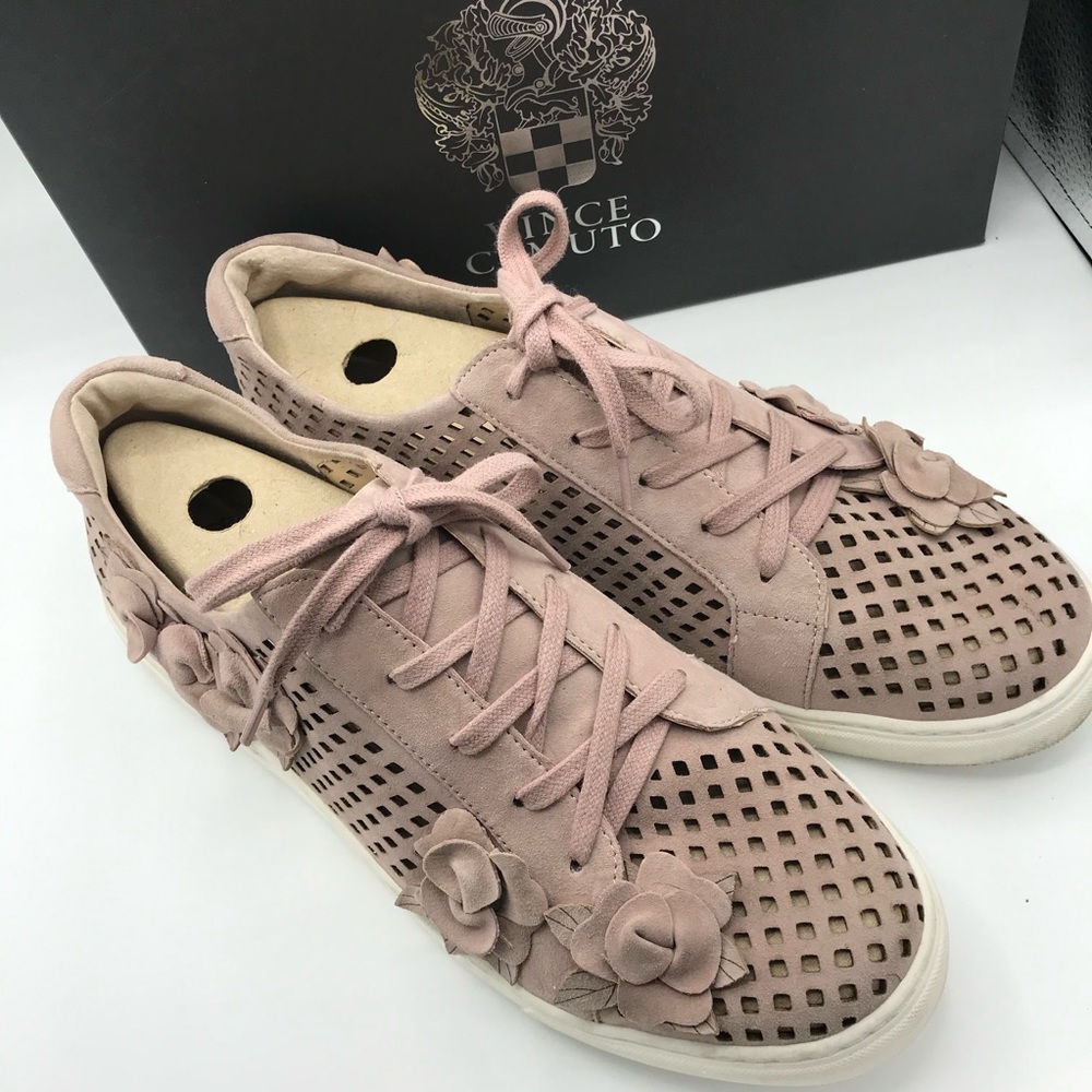 Vince Camuto Brellia Rose Quartz Suede Leather Lattice 3-D Sneakers Size 11 Wide - Picture 2 of 12